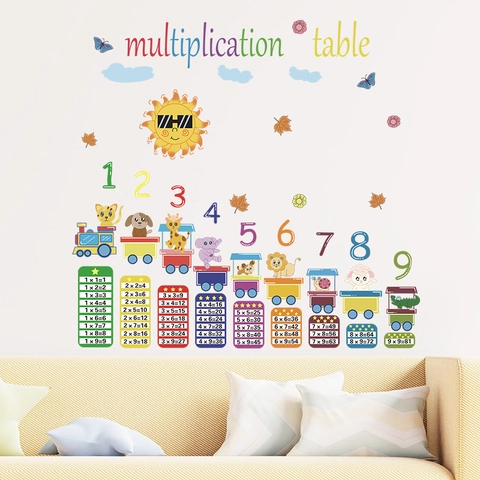 Stickers Muraux Table de Multiplication Train d'Animaux de Dessin Animé pour Chambre d'Enfants Stickers Éducatifs PVC Décoration École Maison