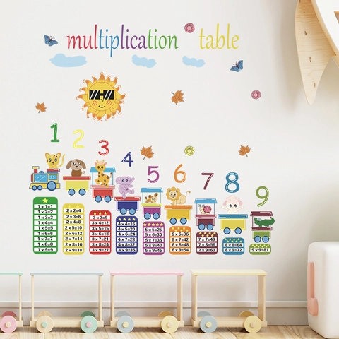 Stickers Muraux Table de Multiplication Train d'Animaux de Dessin Animé pour Chambre d'Enfants Stickers Éducatifs PVC Décoration École Maison