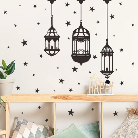 Ramadan Laterne Sterne Wandaufkleber Islamische Eid Dekoration Wasserdicht PVC Abnehmbare Wandtattoo Für Wohnzimmer Schlafzimmer Schwarz