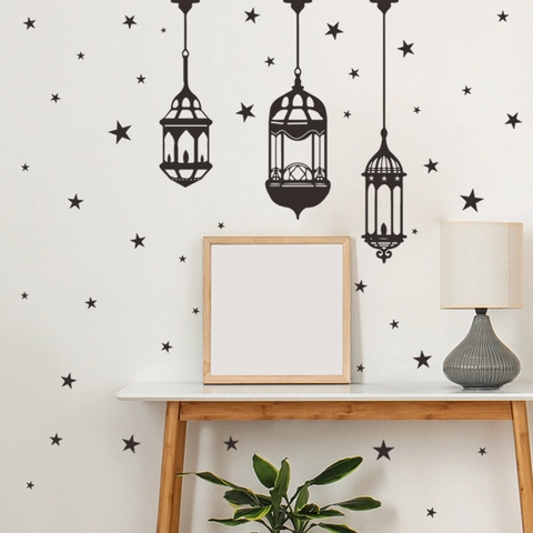 Ramadan Laterne Sterne Wandaufkleber Islamische Eid Dekoration Wasserdicht PVC Abnehmbare Wandtattoo Für Wohnzimmer Schlafzimmer Schwarz