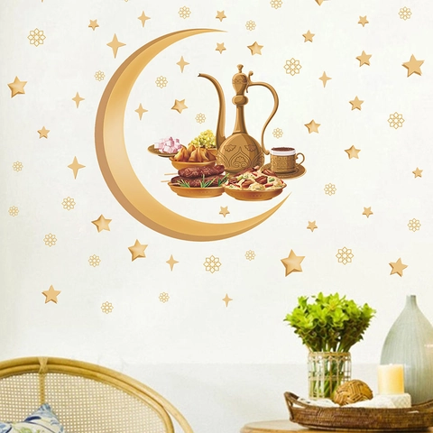 Ramadan Eid Mubarak Wandtattoos Gold Sichelmond Stern Arabische Teekanne Essen PVC Abnehmbares Dekoration Für Wohnzimmer