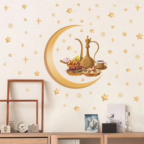 Ramadan Eid Mubarak Wandtattoos Gold Sichelmond Stern Arabische Teekanne Essen PVC Abnehmbares Dekoration Für Wohnzimmer