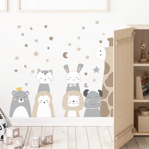 Adesivi Murali Combinati con Animali Cartoni Animati Decoro Cameretta PVC Decalcomanie Stile Scandinavo Stella Luna Casa