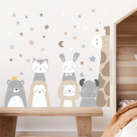 Adesivi Murali Combinati con Animali Cartoni Animati Decoro Cameretta PVC Decalcomanie Stile Scandinavo Stella Luna Casa