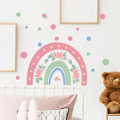 Sticker Mural en PVC Arc-en-ciel Dessin Animé Fleur Autocollant Décoration Maison Pour Chambre d'Enfant Moderne Minimaliste Floral à Pois