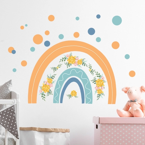 Cartoon Rainbow Flower Wall Stickers PVC Self Adhesive Boho Rainbow Floral Wall Decal For Kids Nursery Bedroom Home Decor