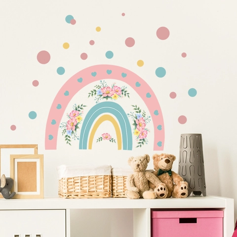 Adesivi Murali Cartone Animato Arcobaleno Fiori Macaron PVC Autoadesivi per Cameretta Bambini Camera da Letto Soggiorno