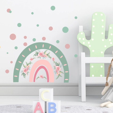 Cartoon Regenboog Bloem Muurstickers PVC Roze Roos Florale Decals Voor Kinderkamer Babykamer Slaapkamer Woonkamer Woondecoratie