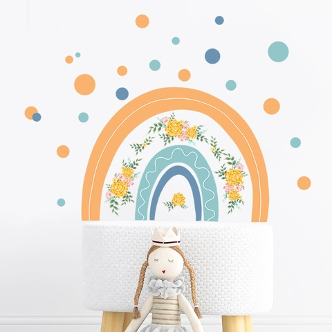 Cartoon Rainbow Flower Wall Stickers PVC Self Adhesive Boho Rainbow Floral Wall Decal For Kids Nursery Bedroom Home Decor
