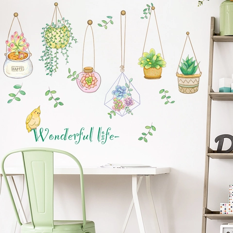 Adhesivos de Pared Plantas Suculentas Acuarela Hojas Verdes Pájaros Calcomanías de Pared para Sala de Estar Dormitorio Decoración Hogar Póster PVC Autoadhesivo