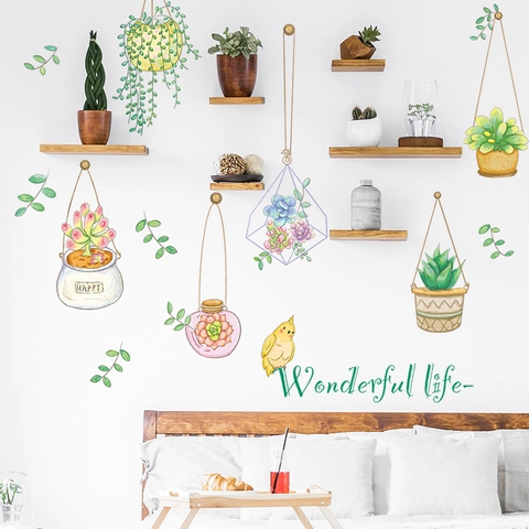 Adhesivos de Pared Plantas Suculentas Acuarela Hojas Verdes Pájaros Calcomanías de Pared para Sala de Estar Dormitorio Decoración Hogar Póster PVC Autoadhesivo
