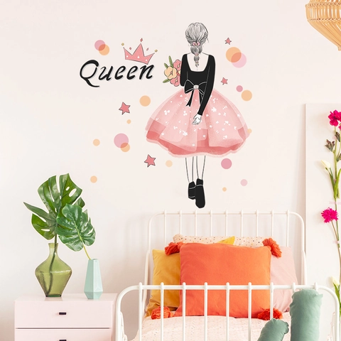 Mädchen Rücken Mit Blumen Wandaufkleber PVC Queen Rosa Krone Sterne Polka Dots Selbstklebend Deko Für Schlafzimmer