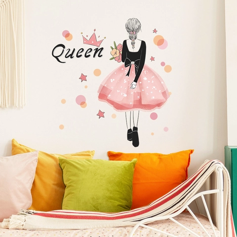 Mädchen Rücken Mit Blumen Wandaufkleber PVC Queen Rosa Krone Sterne Polka Dots Selbstklebend Deko Für Schlafzimmer
