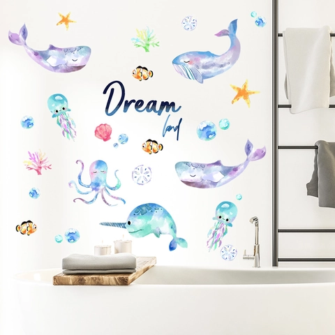 Watercolor Marine Animal Whale Octopus Wall Stickers Self Adhesive PVC Dream Land Decals For Bathroom Kids Room Decor