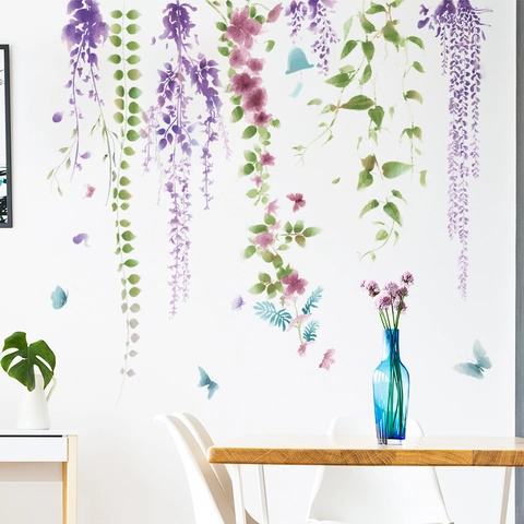 Elegante Pegatina de Pared de Flor de Glicinia PVC Impermeable Púrpura Floral Mariposa Vides Calcomanía para Sala de Estar Dormitorio