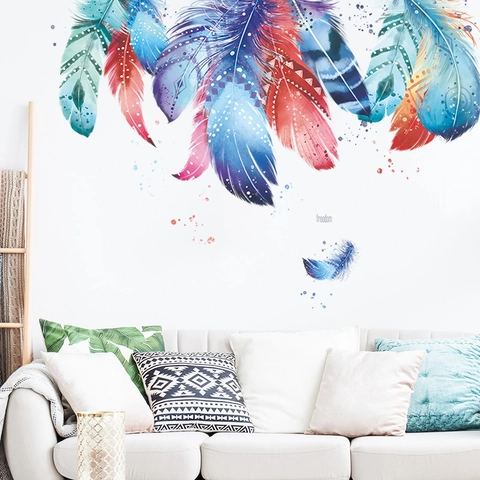 Bohemian Bunte Feder Wandaufkleber PVC Selbstklebend Aquarell Wandtattoo Für Wohnzimmer Schlafzimmer Home Dekoration
