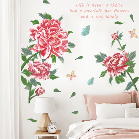 Pfingstrose Blumen Wandaufkleber Mit Schmetterlingen Englischer Spruch PVC Selbstklebende Kunst Decals Für Wohnzimmer Schlafzimmer