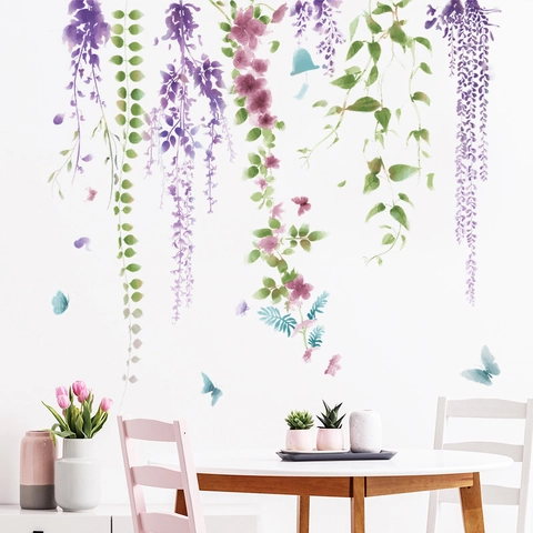 Elegante Pegatina de Pared de Flor de Glicinia PVC Impermeable Púrpura Floral Mariposa Vides Calcomanía para Sala de Estar Dormitorio