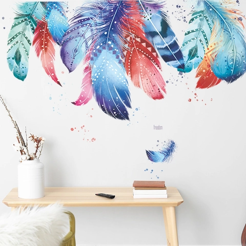 Bohemian Bunte Feder Wandaufkleber PVC Selbstklebend Aquarell Wandtattoo Für Wohnzimmer Schlafzimmer Home Dekoration