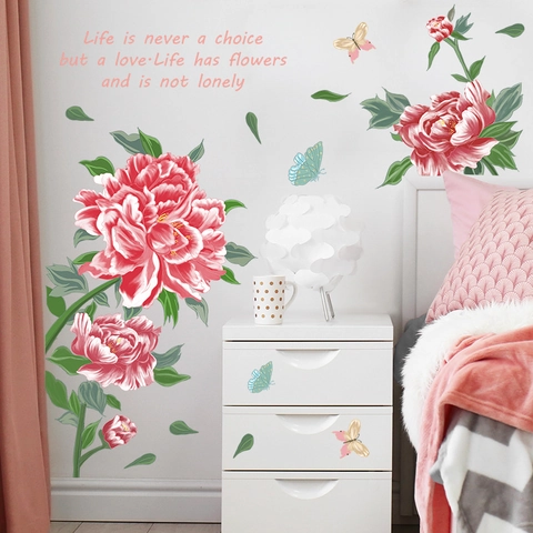 Pfingstrose Blumen Wandaufkleber Mit Schmetterlingen Englischer Spruch PVC Selbstklebende Kunst Decals Für Wohnzimmer Schlafzimmer