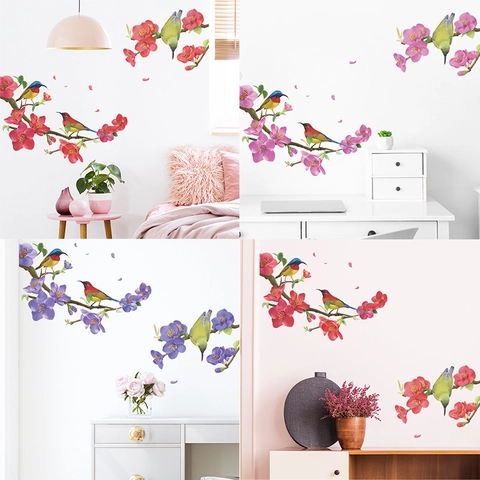 Sticker Mural Style Chinois Fleurs de Prunier et Oiseaux PVC Auto-adhésif Imperméable Décalcomanie Fleurie pour Salon Chambre à Coucher Décor Fond TV
