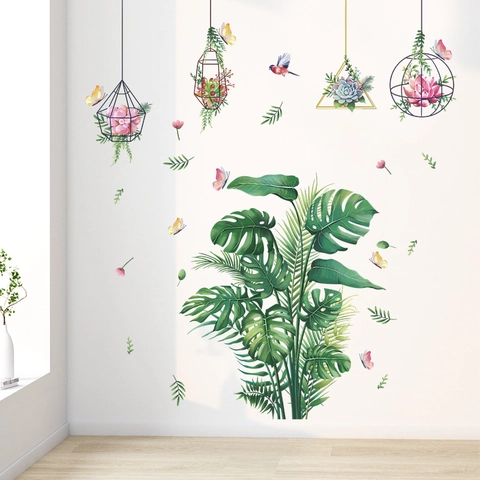 Adesivi Murali Piante Tropicali Monstera Palma PVC Autoadesivi Cesto Appeso Geometrico Farfalla Decalcomanie da Muro Decorazione Casa