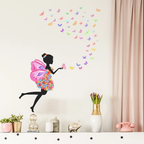 Fee Vlinder Muursticker PVC Verwijderbare Bloemen Fee Meisjeskamer Slaapkamer Decor Kleurrijke Vlinders DIY Muurschildering Sticker