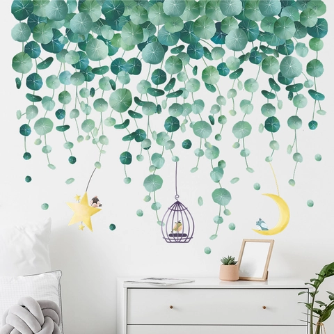 Pegatinas de Pared de Hoja de Planta Verde Tropical PVC Autoadhesivas Vides Estrellas Luna Patrón de Jaula de Pájaros Decoración de Hogar