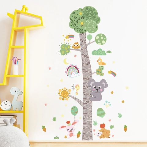 Cartoon Forest Animal Tree Growth Height Chart Wall Sticker For Kids Room Removable PVC Nursery Decor Baby Room Art Mural