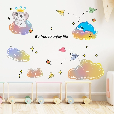 Adesivi Murali Cartone Animato Nuvola Elefante Balena Sfumato PVC Autoadesivi Per Camera Bambini Letto Decorazione Casa Murale