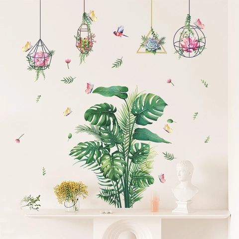 Adesivi Murali Piante Tropicali Monstera Palma PVC Autoadesivi Cesto Appeso Geometrico Farfalla Decalcomanie da Muro Decorazione Casa
