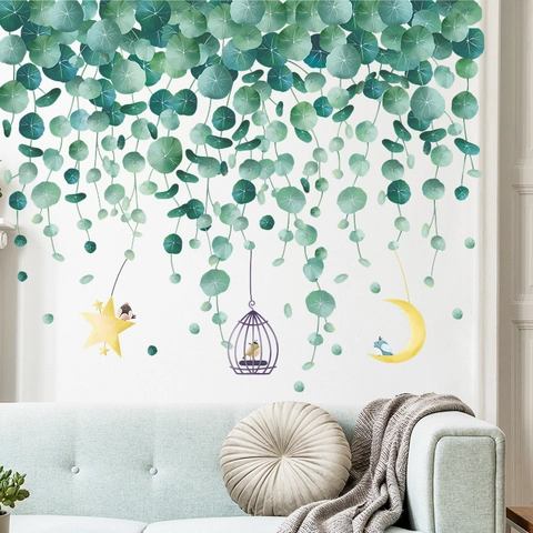 Pegatinas de Pared de Hoja de Planta Verde Tropical PVC Autoadhesivas Vides Estrellas Luna Patrón de Jaula de Pájaros Decoración de Hogar
