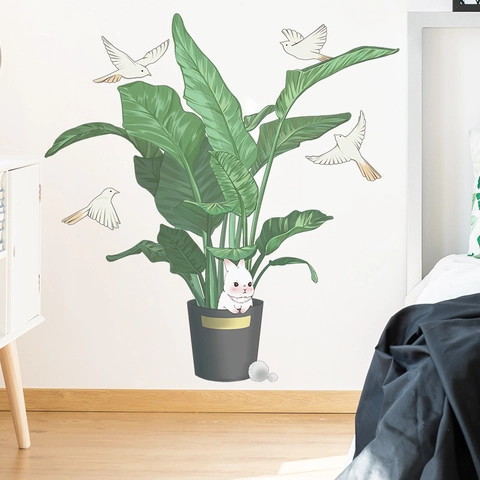 Topfpflanzen Hase Wandaufkleber PVC Selbstklebend Abnehmbares Wandtattoo Für Wohnzimmer Schlafzimmer Zuhause Wanddekoration