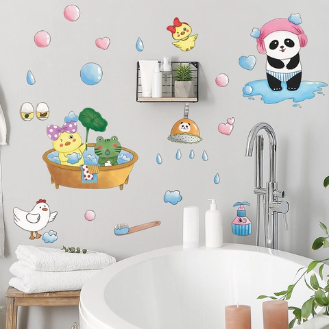 Cartoon Panda Yellow Duck Frog Bathing Bathroom Wall Sticker PVC Waterproof Self Adhesive Wall Decal For Kids Room Decor