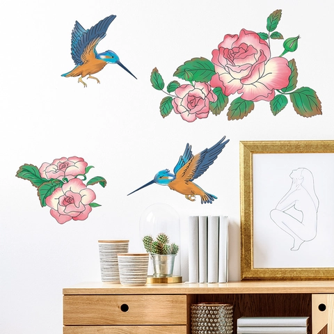Watercolor Pink Flowers And Birds Wall Stickers For Living Room Bedroom PVC Self Adhesive Decorative Floral Nature Wall Decal