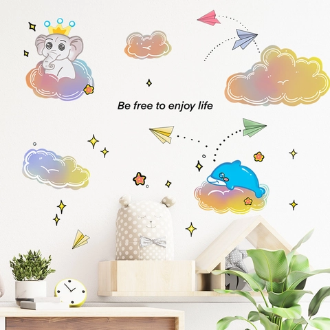 Adesivi Murali Cartone Animato Nuvola Elefante Balena Sfumato PVC Autoadesivi Per Camera Bambini Letto Decorazione Casa Murale