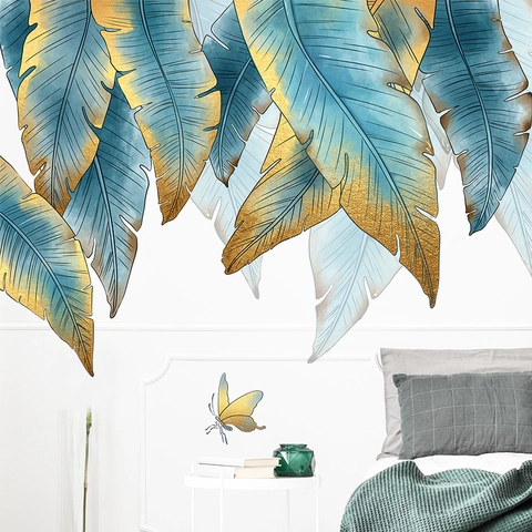 Pegatinas de Pared de Hojas Tropicales Oro Azul Hoja de Palma PVC Autoadhesivo Calcomanías de Pared para Sala de Estar Dormitorio Decoración