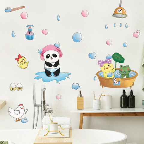 Cartoon Panda Yellow Duck Frog Bathing Bathroom Wall Sticker PVC Waterproof Self Adhesive Wall Decal For Kids Room Decor