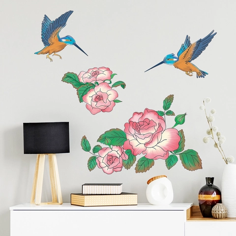Watercolor Pink Flowers And Birds Wall Stickers For Living Room Bedroom PVC Self Adhesive Decorative Floral Nature Wall Decal