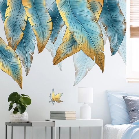 Pegatinas de Pared de Hojas Tropicales Oro Azul Hoja de Palma PVC Autoadhesivo Calcomanías de Pared para Sala de Estar Dormitorio Decoración