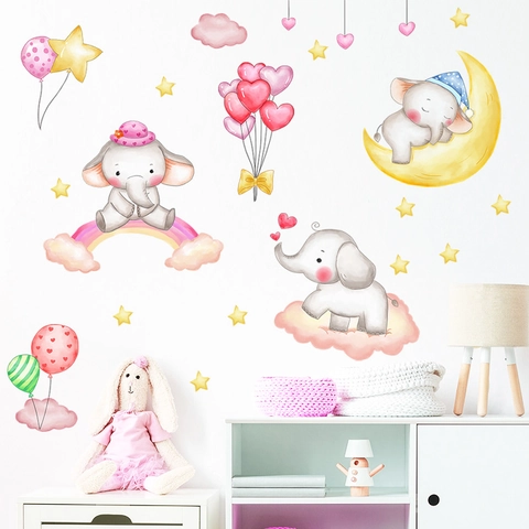 Cartoon Elephant Rainbow Moon Stars Wall Stickers For Kids Nursery Bedroom PVC Watercolor Animal Cloud Heart Decorative Wall Decal