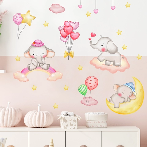 Cartoon Elephant Rainbow Moon Stars Wall Stickers For Kids Nursery Bedroom PVC Watercolor Animal Cloud Heart Decorative Wall Decal