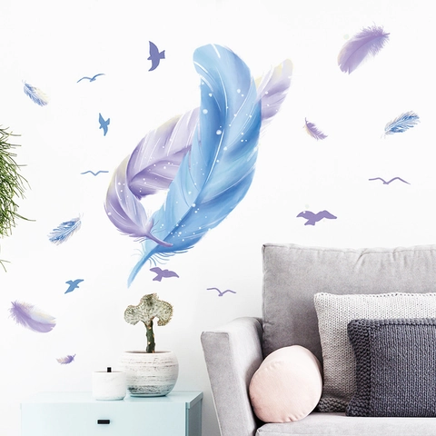 Stickers Muraux Modernes Minimalistes Plumes Et Oiseaux Aquarelle PVC Autocollant Amovible Décoration Pour Salon Chambre À Coucher Maison