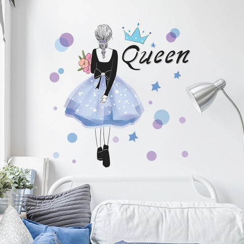 Creative Girl Back View With Flowers Tutu Dress Wall Sticker Removable PVC Queen Crown Star Decal For Bedroom Decor