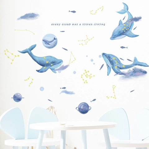 Traumhafte Blaue Aquarell Wal Planeten Wandtattoo Mit Inspirierendem Zitat PVC Sterne Sternbilder Aufkleber Für Kinderzimmer