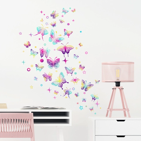Adesivi Murali Farfalla Sfumata Colorata Per Soggiorno Camera Da Letto Decorazione DIY PVC Autoadesivo Stelle Punti Modello Decalcomania Da Parete