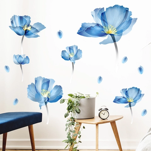 Aquarell Blau Blumen Wandtattoo PVC Künstlerisch Blume Wandaufkleber Für Wohnzimmer Schlafzimmer Zuhause Wand Dekoration