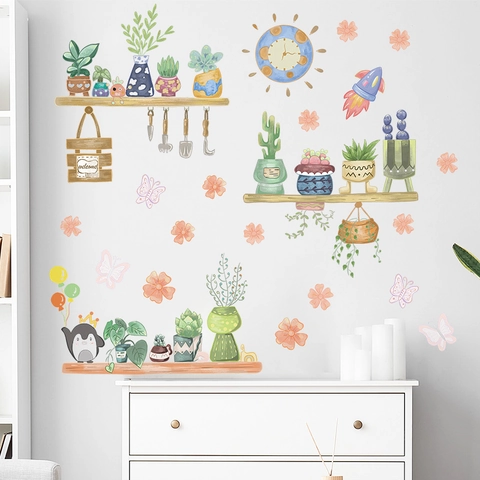 Cartoon Potted Plants And Succulents Wall Stickers With Penguin Rocket Patterns For Kids Room Living Room PVC Home Decor