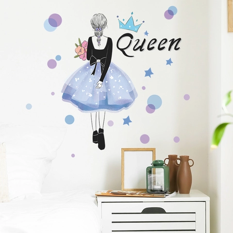 Creative Girl Back View With Flowers Tutu Dress Wall Sticker Removable PVC Queen Crown Star Decal For Bedroom Decor