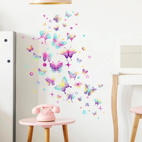Adesivi Murali Farfalla Sfumata Colorata Per Soggiorno Camera Da Letto Decorazione DIY PVC Autoadesivo Stelle Punti Modello Decalcomania Da Parete